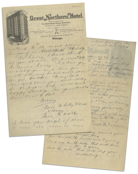 Moe Howard Handwritten Poem & Partial Letter, Signed ''Mosey'' to Helen, Circa 1924 -- 2pp. on 6'' x 9.5'' Sheet of Chicago Hotel Stationery -- Very Good